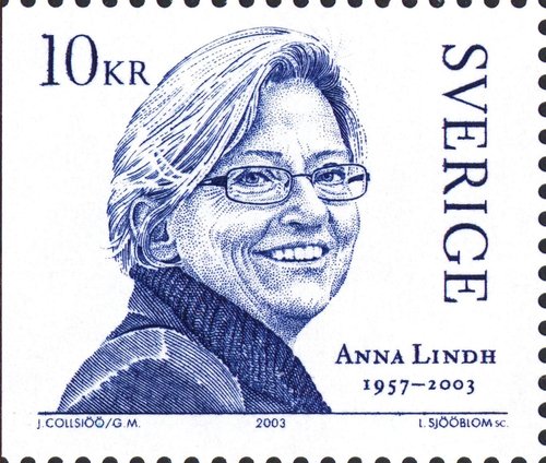 Suecia, 2003, Anna Lindh (1957–2003). Lars Sjööblom grabó el retrato de Lindh tomando como base la fotografía expuesta de Jan Collsiöö. Calcografía, 2 valores