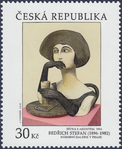 República Checa, 2016, Arte, &quot;Chica con absenta”, de Bedřich Stefan. Sello diseñado y grabado por Jaroslav Tvrdoň. Calcografía y offset