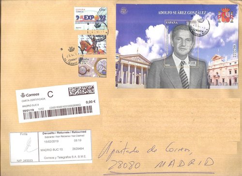 Etiqueta de devolución. Madrid Suc 10. 2829494- NIP 283333. Devuelto - Returnée - Retourned. 2019-02-15. 08.19. 4,1x10. Sobre. Baja.jpeg