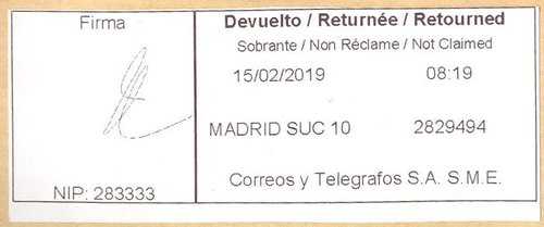 Etiqueta de devolución. Madrid Suc 10. 2829494- NIP 283333. Devuelto - Returnée - Retourned. 2019-02-15. 08.19. 4,1x10.jpeg