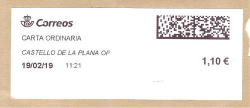 Etiqueta térmica digital. Nueva. Castello de la Plana OP. Carta ordinaria. 2019-02-19. 11.21. 4x10. 1,10 euros.jpeg