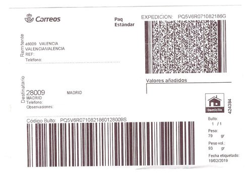 Etiqueta Grande. Nueva. Paq Estándar. No indica (Valencia, sin precisar). 424384. Domicilio. Sin franqueo. 10,1x14,4. 2019-02-19. Baja.jpeg