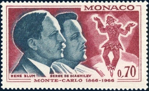Mónaco, 1966, Centenario de la fundación de Montecarlo. René Blum y Serguéi Diáguilev. Sello diseñado y grabado por Pierre Gandon; calcografía. En primera instancia, el diseño original de Gandon para este sello
