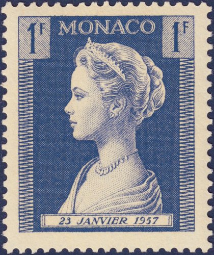 Mónaco, 1957, Grace Kelly, nacimiento de su hija Carolina (23 de enero). Sello diseñado y grabado por Pierre Gandon; calcografía