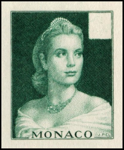 Prueba de grabado de Jules Piel partiendo de la fotografía anterior de Yousuf Karsh, para el sello de Mónaco de 1957 que celebraba el nacimiento de la primera hija de Grace Kelly y que finalmente no fue emitido