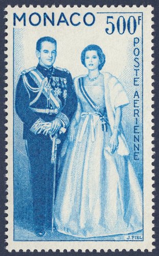 Mónaco, 1959, Correo Aéreo, Rainiero III y Grace Kelly. Sello finalmente emitido en dos valores calcográficos, diseñado y grabado en 1959 por Jules Piel