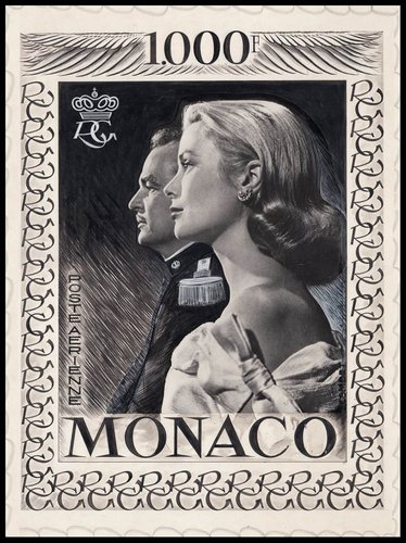Diseño original de Jacques Combet sobre la fotografía recortada de Karsh, en el que como vemos &quot;sobrepinta&quot; el traje del príncipe