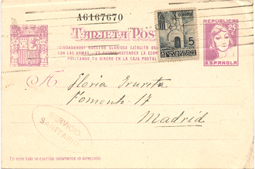 Entero postal con franqueo adicional obligatorio del ayuntamiento de Barcelona y marca del servicio sanitario en un óvalo