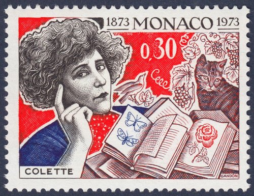 Mónaco, 1973, Sidonie-Gabrielle Colette. Diseño original adoptado y sello emitido, después del grabado a buril de Pierre Gandon. Calcografía