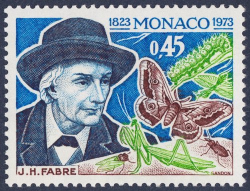 Mónaco, 1973, Jean-Henri Fabre. Diseño original adoptado y sello emitido, después del grabado a buril de Pierre Gandon. Calcografía