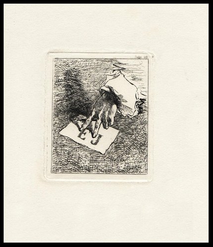 Ex libris que Paul Cavarni creó para los hermanos Goncourt y en el que se inspiró Gandon para el diseño del sello anterior