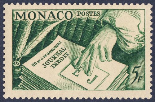 Mónaco, 1953, Diarios inéditos de los hermanos Jules y Edmond de Goncourt. Sello diseñado y grabado por Pierre Gandon, emitido en 2 valores; calcografía.