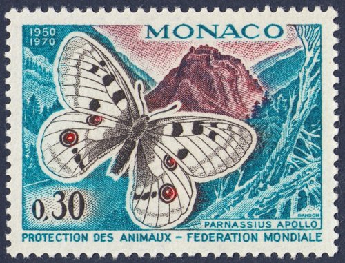 Mónaco, 1970, Federación Mundial para la Protección de los Animales. Mariposa Parnassius apollo. Sello diseñado y grabado por Pierre Gandon. Calcografía