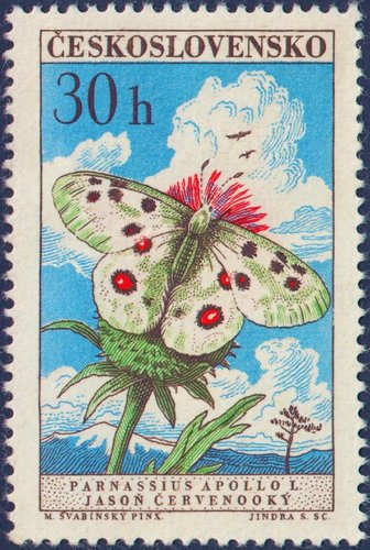 Checoslovaquia, 1961, Mariposas. Parnassius apollo. Sello diseñado por Max Švabinský y grabado por Jindra Schmidt. Calcografía