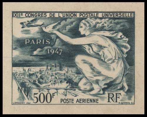 Sello de la Unión Postal Universal no emitido por Francia en 1947, diseñado por Paul Pierre Lemagny y grabado por Raoul Serres