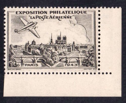 Exposición filatélica “La poste aérienne”, celebrada en París entre el 1 y el 17 de octubre de 1943. Viñeta diseñada y grabada por René Cottet