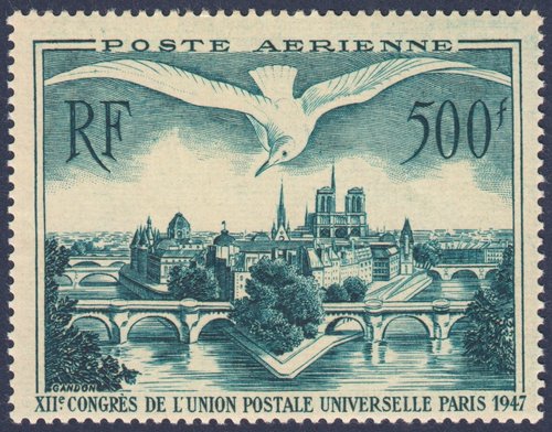 Francia, 1947, XII Congreso de la Unión Postal Universal celebrado en París, sello de correo aéreo. Sello diseñado y grabado por Pierre Gandon. Calcografía