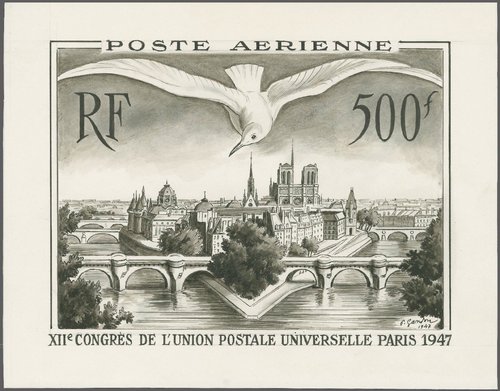 Diseño definitivo y adoptado de Pierre Gandon para su gran sello de la UPU de 1947