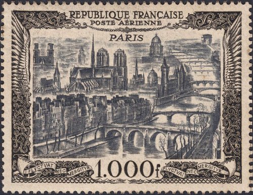 Sello emitido por Francia en enero de 1950, Correo aéreo, París. Sello diseñado y grabado por Albert Decaris. Jacques Combet participó grabando el marco del sello. Calcografía