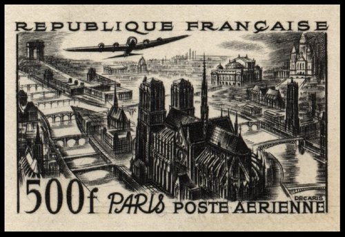 El diseño anterior grabado en 1949 por Albert Decaris y finalmente no emitido