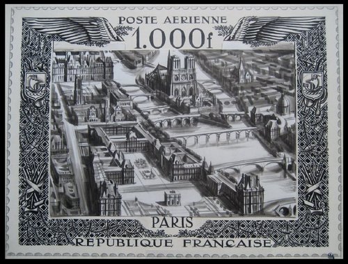 Uno de los diseños propuestos por Decaris para el sello que tenía que completar la serie de las vistas de ciudades francesas de 1949, diseñada por él mismo