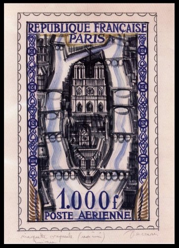 Diseño de Decaris que el artista llegó a grabar, pese a ser finalmente desestimado para el sello de París de 1950