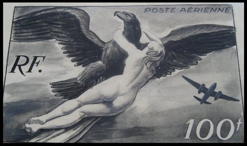 Diseño original de Pierre Gandon inicialmente adoptado para el sello de la serie mitológica de 1946. Escena de Zeus transformado en un águila raptando a Egina