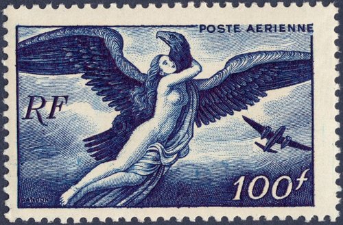 Zeus metamorfoseado en un águila raptando a Egina. Sello de correo aéreo finalmente emitido en enero de 1947, diseñado y grabado por Pierre Gandon. Calcografía