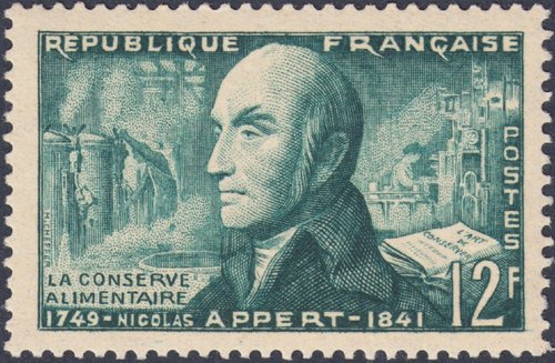 Francia, 1955, Nicolas Appert. Sello diseñado y grabado por Henry Cheffer. Calcografía