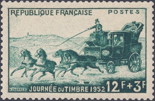 Francia, 1952, Día del Sello. Sello diseñado y grabado por Henry Cheffer. Calcografía