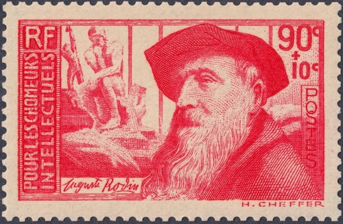 Sello sobretasado de Auguste Rodin emitido por Francia en 1937, diseñado y grabado por Henry Cheffer. Calcografía
