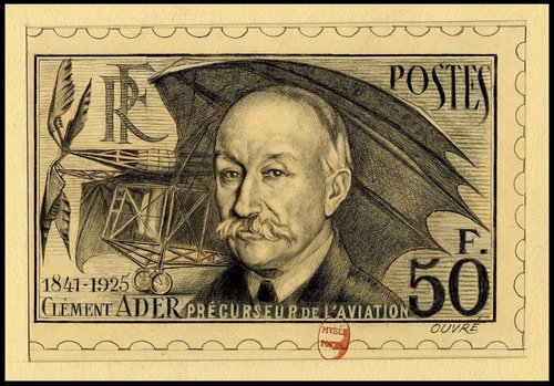 Diseño adoptado para el sello de Clément Ader, obra de Achille Ouvré