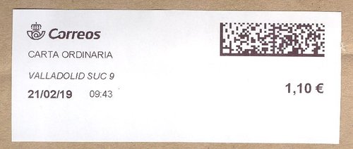 Etiqueta térmica digital. Nueva. Valladolid Suc 9. Carta ordinaria. 2019-02-21. 09.43. 4,1x10. 1,10 euros.jpeg
