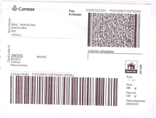 Etiqueta Grande. Nueva. Paq Estándar. No indica (Barcelona, sin precisar). 257266. Domicilio. Sin franqueo. 10x14,7. 2019-02-26. Baja.jpeg