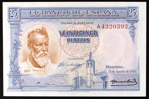 Billete español de 25 pesetas, 1936-39. Bohumil Heinz grabó el retrato de Sorolla