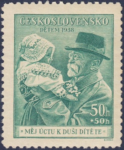 Checoslovaquia, 1938, 88 aniversario del nacimiento de Tomáš Garrigue Masaryk. Sello diseñado y grabado por Bohumil Heinz. Calcografía, dos valores
