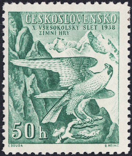 Checoslovaquia, 1938, X Festival Sokol. Sello diseñado por Cyril Bouda y grabado por Bohumil Heinz; calcografía, 2 valores