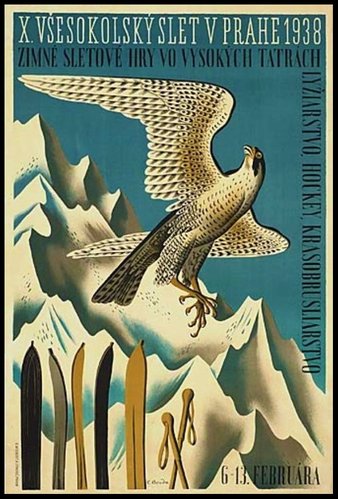 Cartel del X Festival del movimiento Sokol celebrado en 1938, obra de Cyril Bouda con un diseño general parecido al que dispuso para el sello que grabó Bohumil Heinz