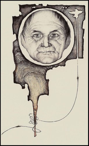 Litografía original de Marina Richterová el mismo año de 2014 en que se emitió el sello de Hrabal grabado por Miloš Ondráček; 13 x 7.5 cm