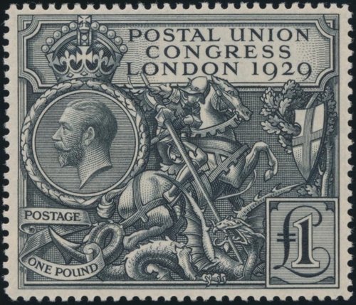 Gran Bretaña, 1929, Congreso de la Unión Postal Universal celebrado en Londres. Sello diseñado por Harold Nelson y grabado por John A. C. Harrison. Calcografía