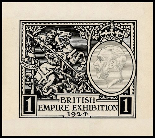 Propuesta de Harold Nelson descartada para la emisión de 1924 conmemorativa de la Exhibición del Imperio Británico celebrada en Wembley, y que después fue el origen del diseño adoptado en el sello de 1£ de 1929
