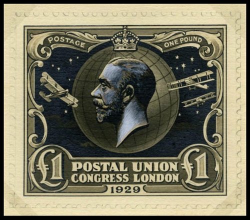 Diseño no adoptado de Ernest Linzell para el sello de 1£ del Congreso Postal de 1929