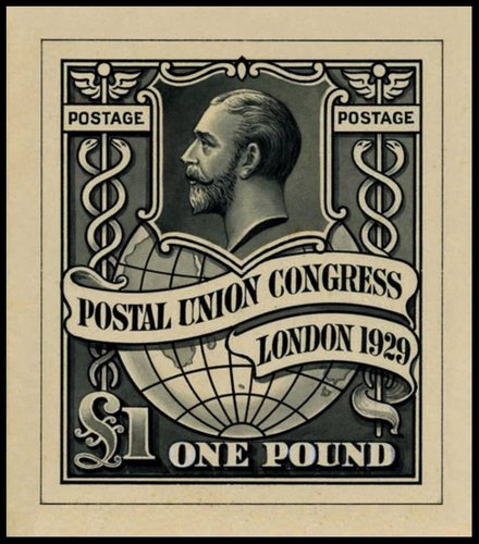 Diseño no adoptado de Charles  A. Tyrer para el sello de 1£ del Congreso Postal de 1929