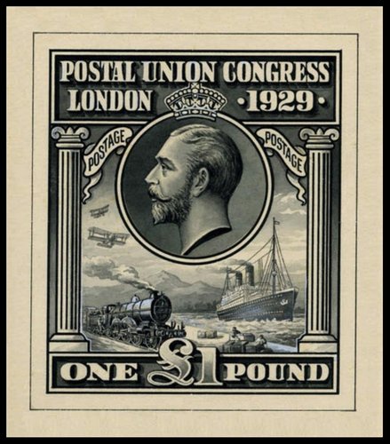 Diseño no adoptado de E. M. Jackman para el sello de 1£ del Congreso Postal de 1929