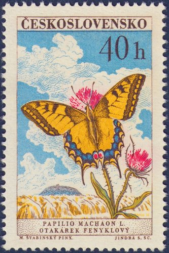 Checoslovaquia, 1961, Mariposas. Papilio machaon. Sello diseñado por Max Švabinský y grabado por Jindra Schmidt. Calcografía