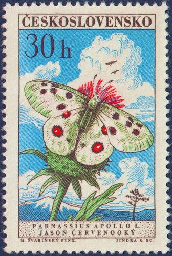 Checoslovaquia, 1961, Mariposas. Parnassius apollo. Sello diseñado por Max Švabinský y grabado por Jindra Schmidt. Calcografía