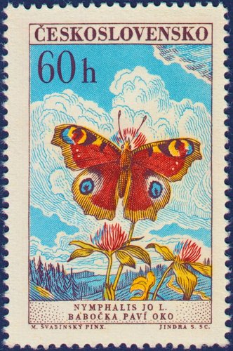 Checoslovaquia, 1961, Mariposas. Nymphalis io, o mariposa pavo real. Sello diseñado por Max Švabinský y grabado por Jindra Schmidt. Calcografía