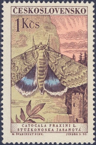 Checoslovaquia, 1961, Mariposas. Polilla Catocala fraxini, o alisón azul. Sello diseñado por Max Švabinský y grabado por Jindra Schmidt. Calcografía