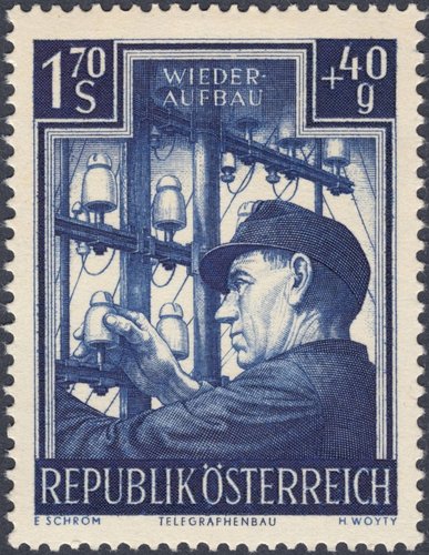 Austria, 1951, Reconstrucción del país. Sello diseñado por Ernst Schrom y grabado por Hubert Woyty-Wimmer; calcografía. Este sello formó parte de una gran serie formada por 4 sellos