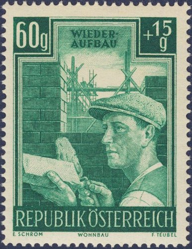 Austria, 1951, Reconstrucción del país. Sello diseñado por Erich Schrom y grabado por Friedrich Teubel. Calcografía